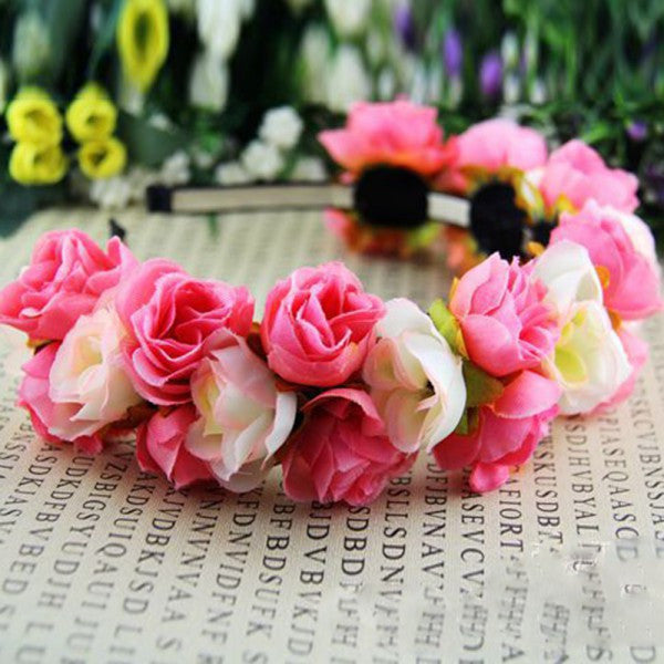 Rose Flower Crown Headband Wedding Festival Double Row Floral Garland Hairband - Shopy Max