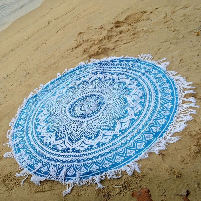 Blue Round Mandala Beach Towel Tassel Fringing Beach Throw Round Mat - Shopy Max