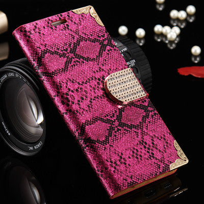 Glitter Snake Skin Case for Galaxy S6 Diamond Magnetic Close Leather Cover for Samsung Galaxy S6 Protective Stand + Card Slot - Shopy Max