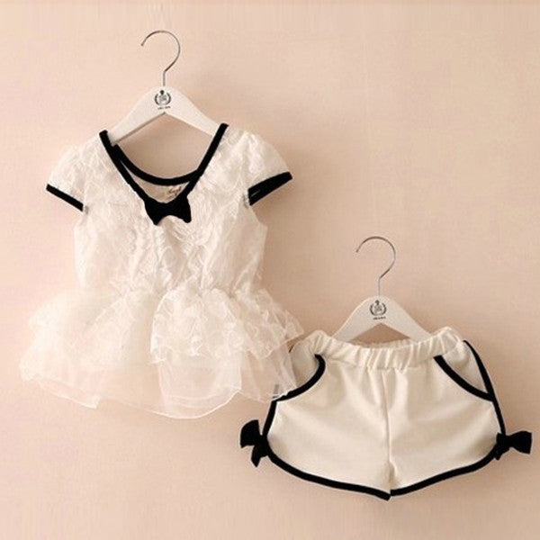 Girls Kids Bow Short Sleeve T-shirts+ Shorts Set 2pcs Outfits Child Suits 2-7Y - Shopy Max