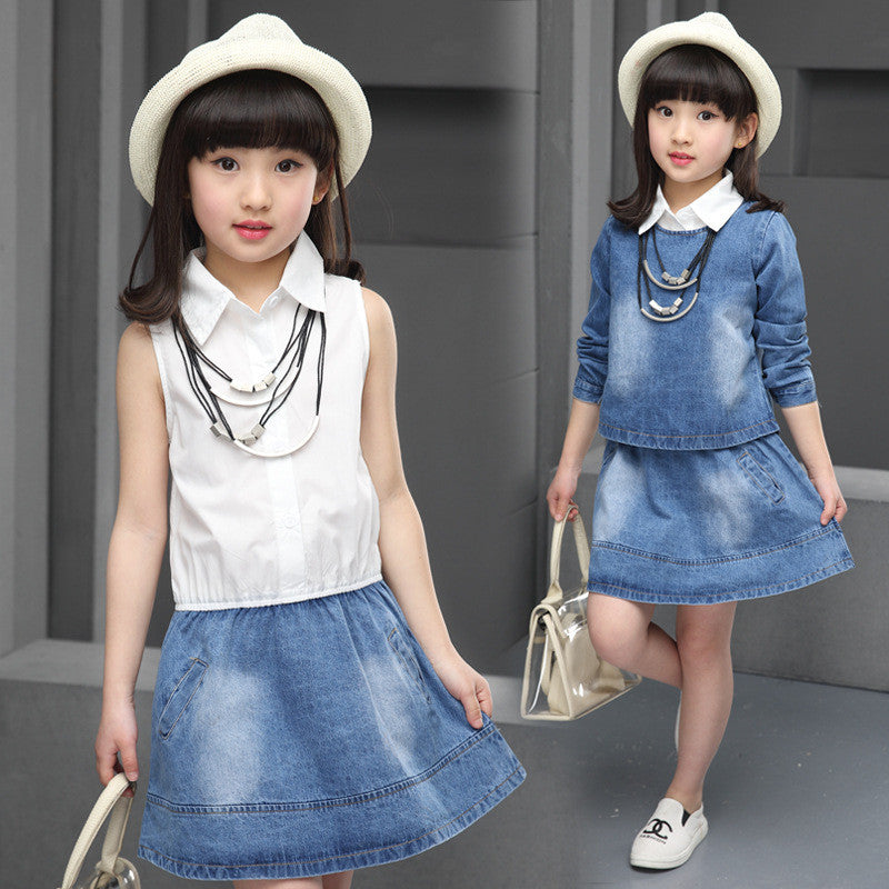 2016 Spring and Autumn new children's clothing girls fashion casual denim skirt two-piece suit