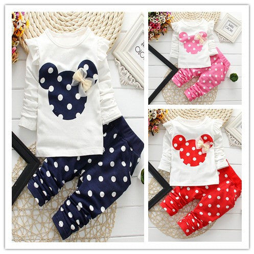 2016 new Spring Autumn children girls clothing sets minnie mouse clothes bow tops t shirt leggings pants baby kids 2 pcs suit - Shopy Max
