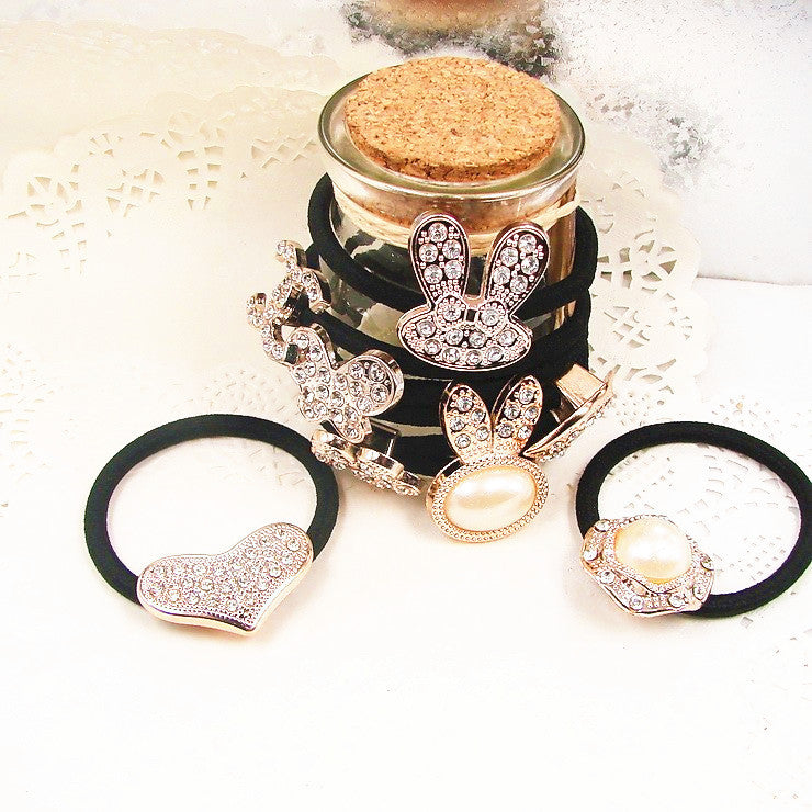 Mixed 10pcs/lot Crystal Heart Rabbit Lo go Butterfly Black Elastic Ponytail Holders