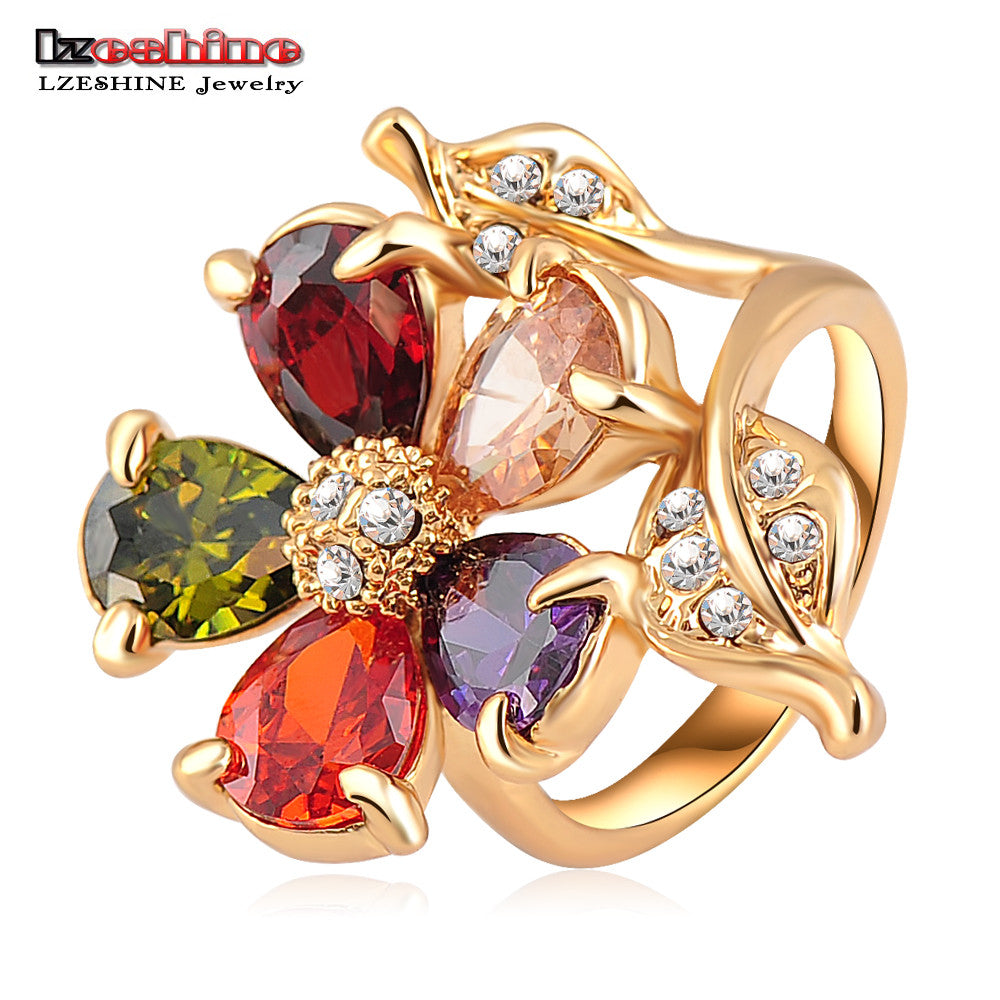Fashion Genuine18K Gold Plate Multicolor Zircon Austrian Crystals Gorgeous Flower Engagement Rings Wedding Jewelry Ri-HQ0083