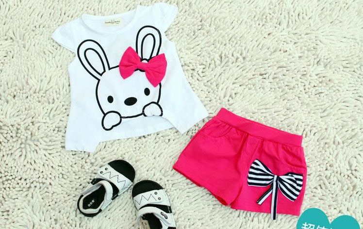 NEW Free shipping cartoon girl T shirt + bowknot pants set,girl clothing set,kids clothing set