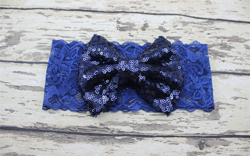 Sequin Solid Print Bows hair Band elastic Headband Baby Girl bow tiara New - Shopy Max
