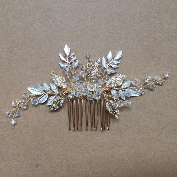 Handmade Vintage Bridal Gold Leaf Hair Comb Wedding Accessories Rhinestone Headpiece