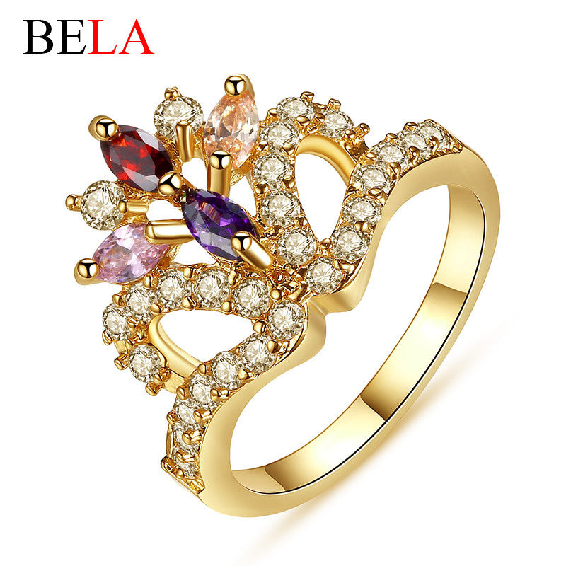 18K Rose Gold Plated Party Rings For Women Colorful Zirconia Diamond Cocktail Ring Princess Crown Rings Bijoux Femme WJ1094 - Shopy Max