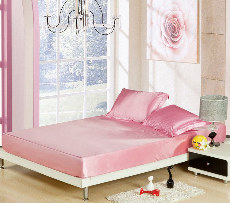 1pc Fitted Sheet Mattress Cover Twin/Queen/King Size Satin Silk Elastic - Shopy Max