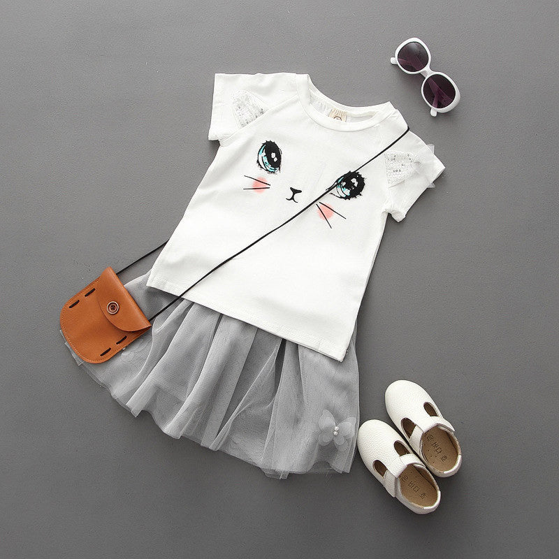 New 2016 Summer Girls Clothing Sets Fashion Cotton Short Sleeve T-shirt+Organza Skirts Children Kids Girl Clothes 2pcs Set 2-7Y - Shopy Max