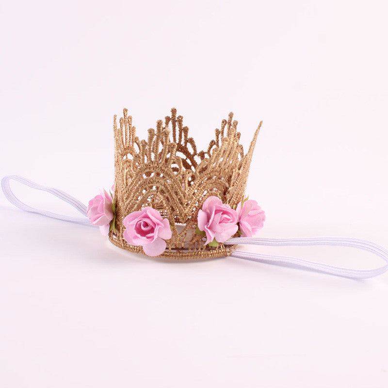 1 PC Baby Headband Rose Flowers Gold MINI Lace Crown Headband Princess Tiara - Shopy Max