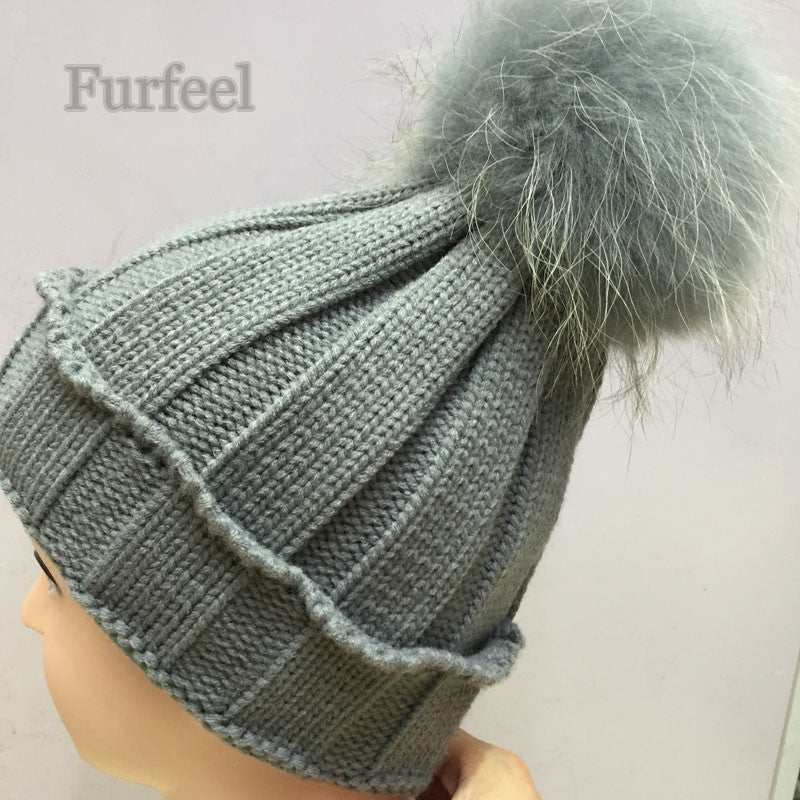 2016 kids Winter Hat 100% Real Raccoon Fur pom pom Ball Baby Beanies Cap Crochet Knitted Hats For Girls Boys