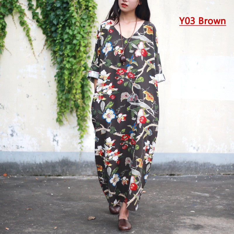 Cotton Linen Plus size Women Dress V-neck Flower print Long Summer Dress Original design