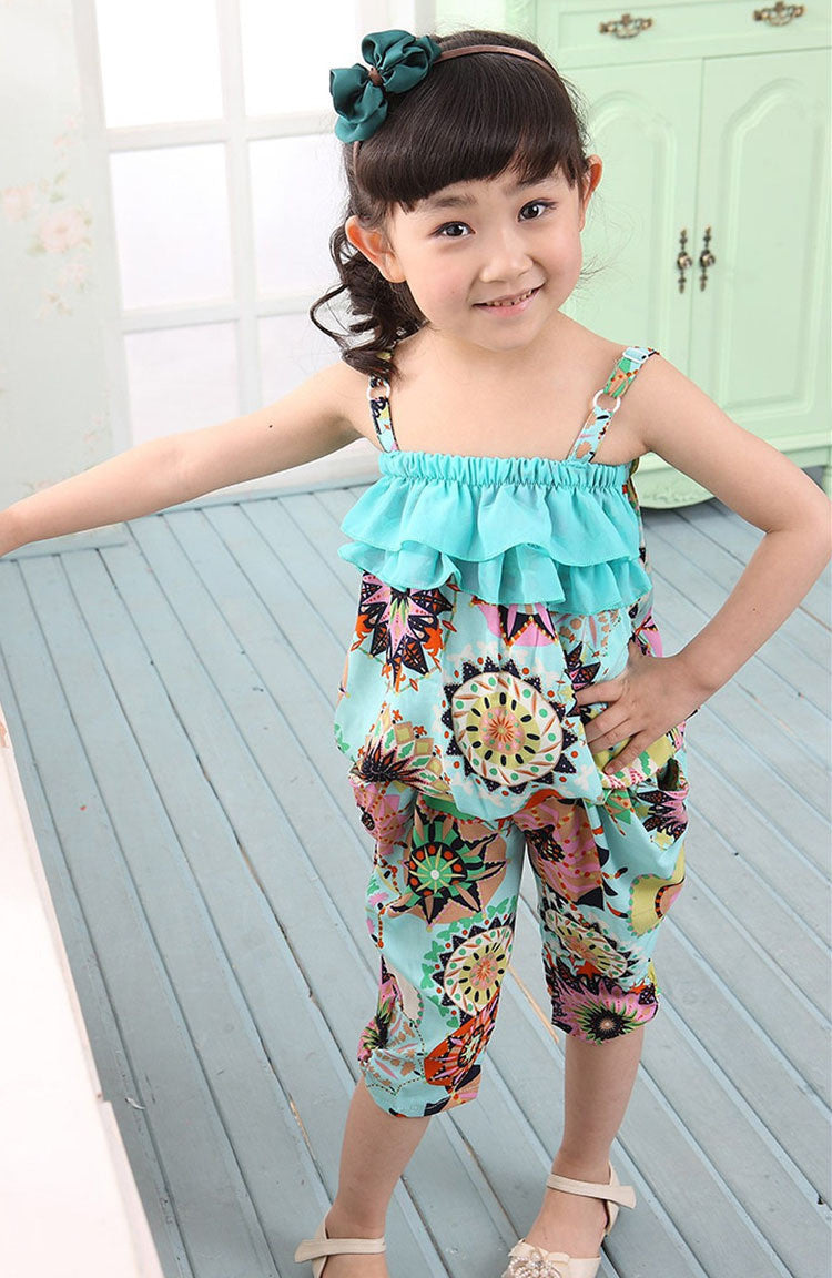 Hot Children Summer Clothing Sets Baby Girls Spaghetti Strap leopard Tops + Casual Harem Pants For 2-10Y Kids Bohemia Beach Suit