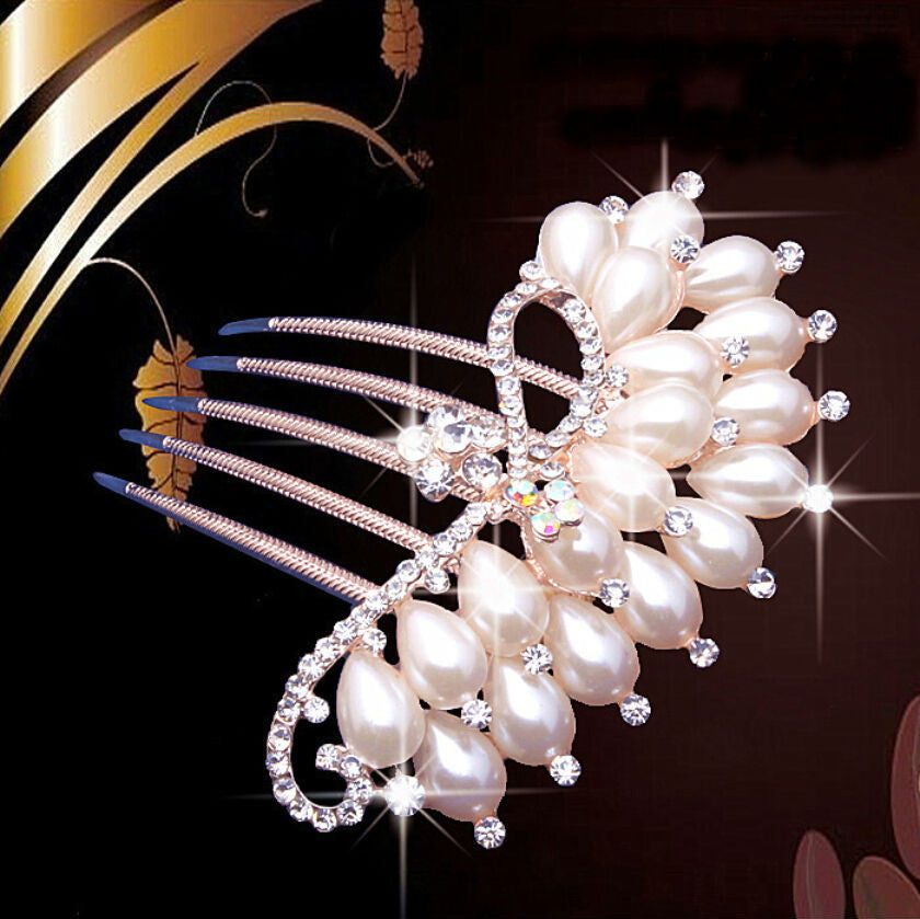 Bridal Tiara Comb Peacock Inserted Five Tooth Pearl Hairpin Hair Jewelry Accessories
