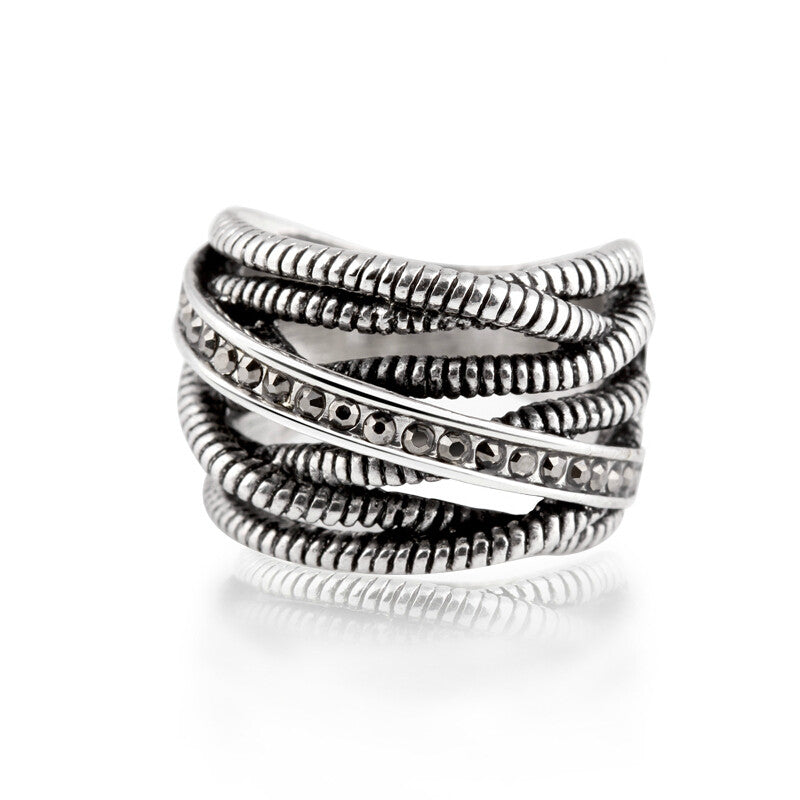 1PCS Free Shipping Retro Vintage Cross Stripe Ring Zinc Alloy Antique Silver Plated Jet Black CZ Stone Unique Rings For Women