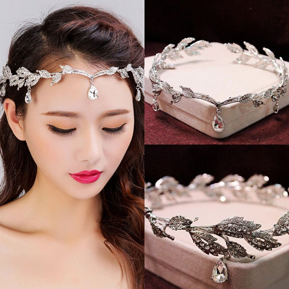 Korean Vintage Crystal Bridal Headbands Wedding Rhinestone Waterdrop Leaf Tiara Crown Headband Frontlet - Shopy Max
