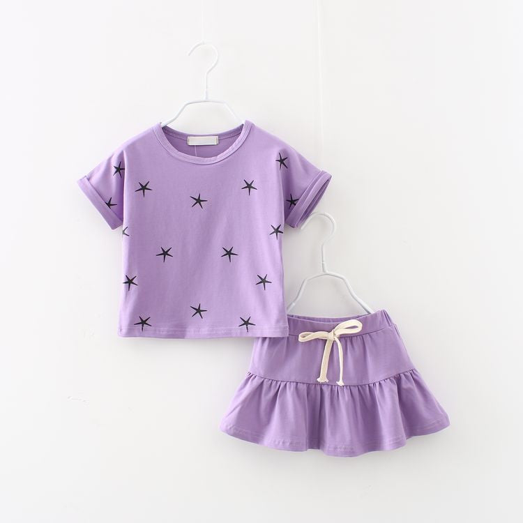 New summer fashion girl clothing Sets fashion print star T-shirt and skirts girls clothes