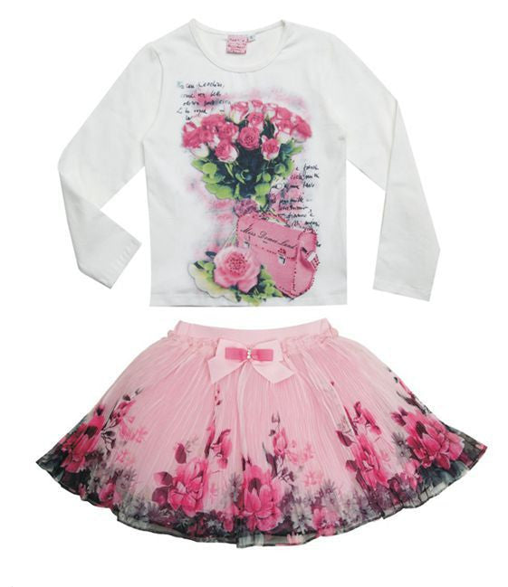 New Fashion 2016 Boutique Outfits Sets For Cute Kids Girl Print Floral Long Sleeve Shirts Tops+Tutu Skirts Sets With Bow Clothes