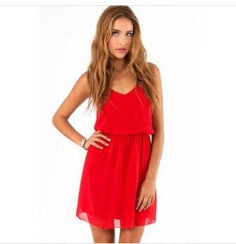 2016 Summer Style Chiffion Party Dress Women Casual V neck Beach Dress Sleeveless Red Black Sweet Mini Dresses Plus Size C1062