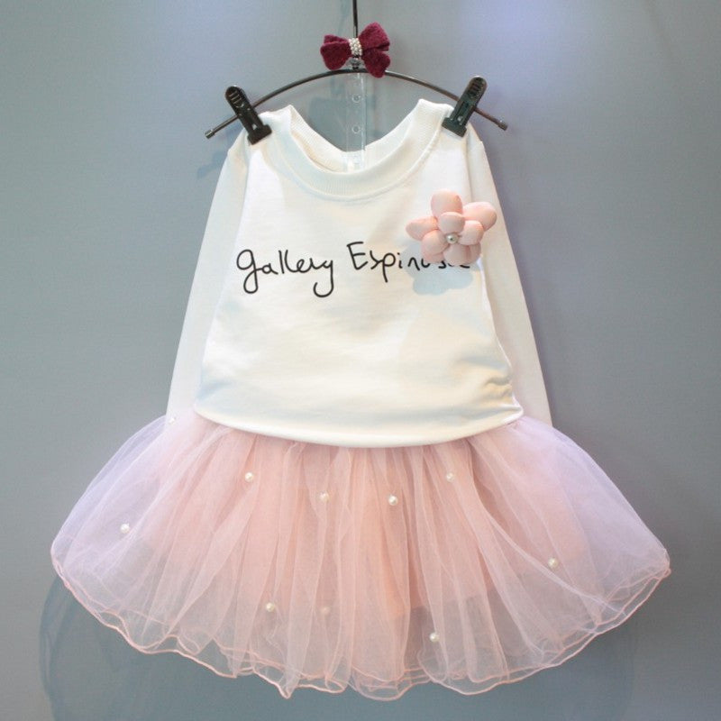 lovely girls white tee shirt and pink skirt with rhinestone clothes set for kids girl autmn children clothing set suit retail