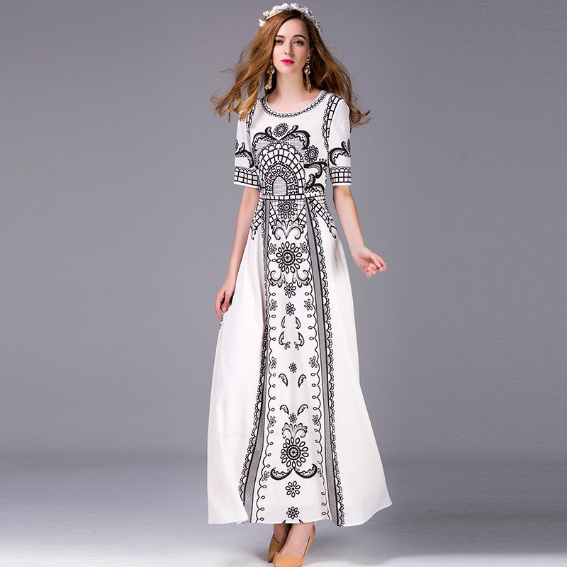 2016 New Arrival Ethnic Russian Style Women Dress Vintage Style Flower Print Short Sleeve