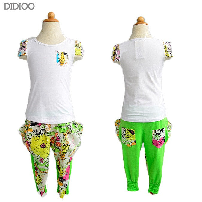 Girls Clothes Summer Cotton Casual Girls Clothing Sets O-Neck Print Floral T-Shirt & Pants 2 Pcs - Shopy Max