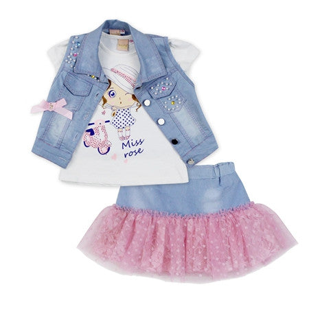2016 fashion summer children clothing sets girl boutique outfits Denim short jackets cotton cartoon tops skirt suits clothes