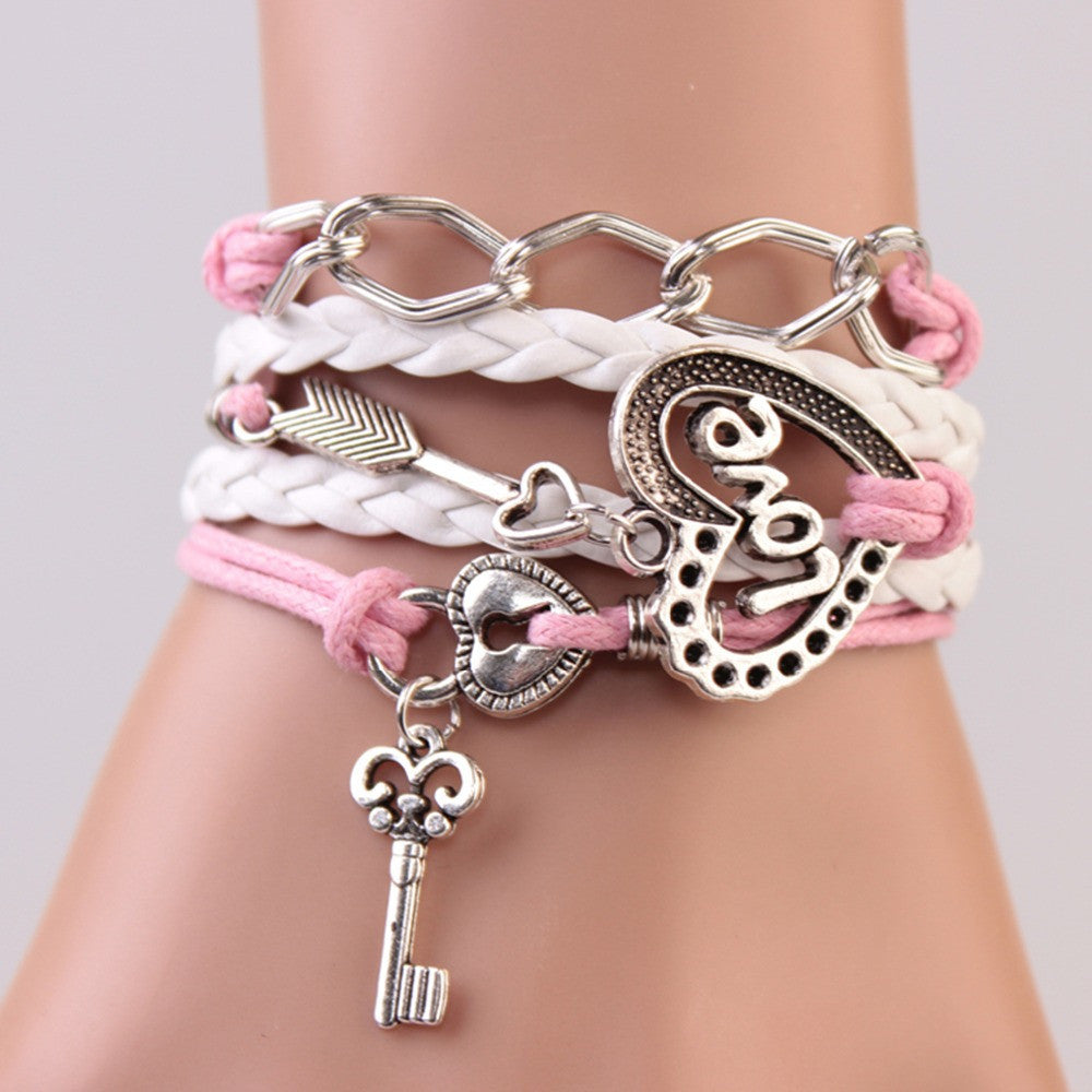 2014 New handmade bracelet lock+key +Cupid's Arrow Charms Infinity Bracelet white&pink leather Braclet. Best Couple Gift IB710