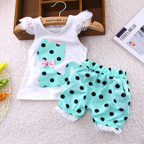 Europe 2016 new summer children clothing set baby girls bow cat shirt + shorts suit 2pcs kids polka dot clothes suit 1-4 years - Shopy Max