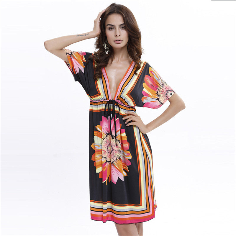 2016 Fashion Beach Dress Summer Sexy Deep V European Style Bohemian Flower Print Women Clothes