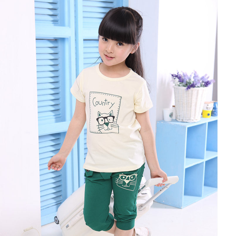 girls clothing sets Summer style Cotton sports suit for girls 2016 New kids clothes Short Sleeve T-shirt & sports pants 2 pcs - Shopy Max