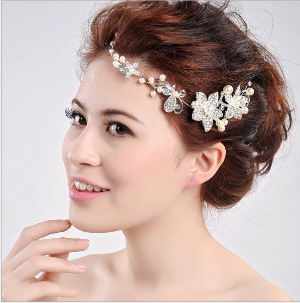 wedding party bridal rvintage metal flower rhinestone white pearl hairband headband bride hair