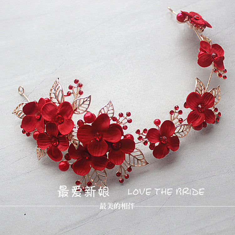 red headdress new retro alloy simulation hair flower hairpin handmade bridal - Shopy Max
