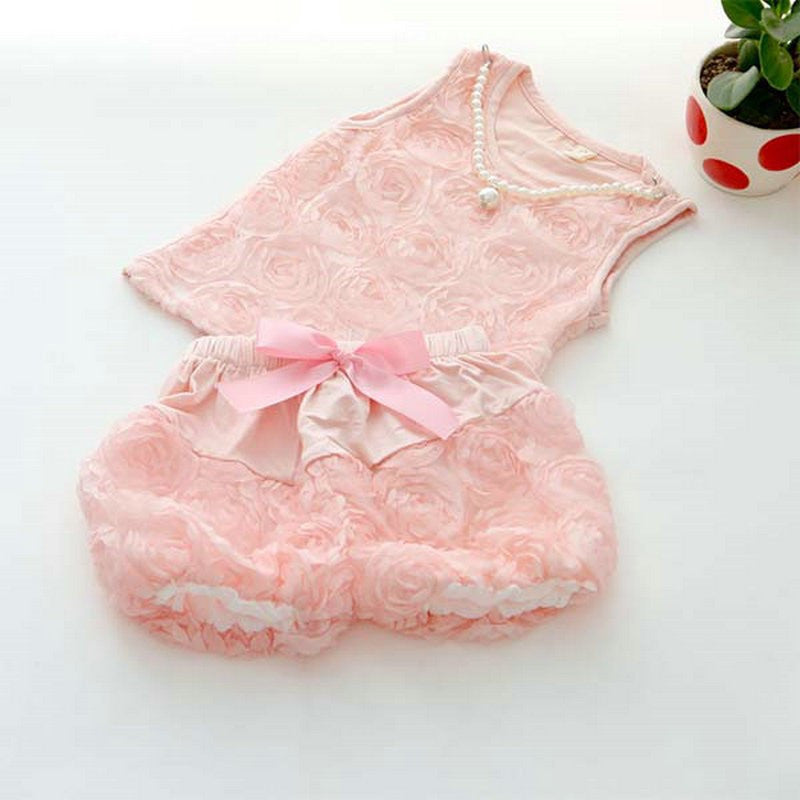 Retail NEW Kids Girls Sets Rose Flower Top Shirt + Bloomer Short Pants + Pearl Necklace Outfits - Shopy Max