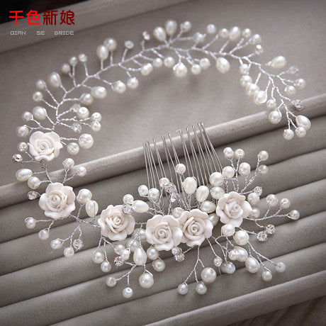 Gorgeous hair comb floral headband women pearl jewelry hairband soft chain hair ornaments bridal tiara - Shopy Max