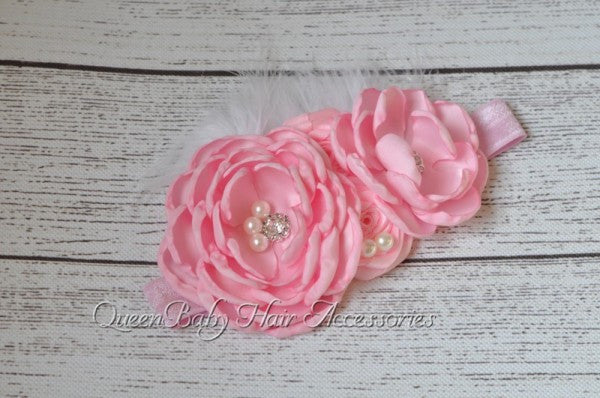 Layered Flower Matching Sparking Rhinestone Headband Handmade Flower Headband Baby Headband - Shopy Max
