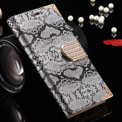 Glitter Snake Skin Case for Galaxy S6 Diamond Magnetic Close Leather Cover for Samsung Galaxy S6 Protective Stand + Card Slot - Shopy Max