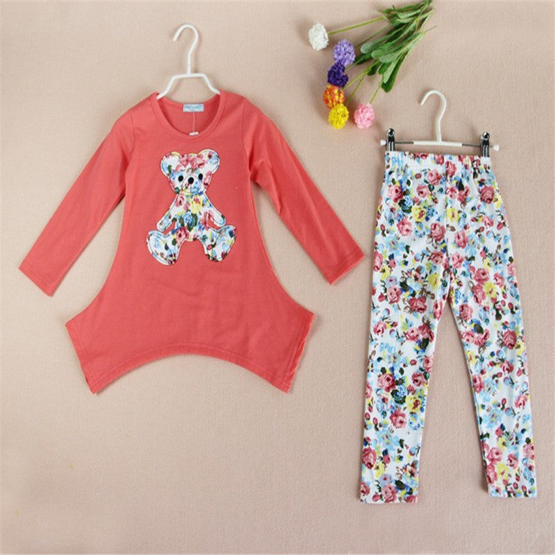 New 2016 Casual clothes Hot sales Autumn baby girl dress long sleeve T-shirt + Flower Legging Clothing Set children clothing - Shopy Max