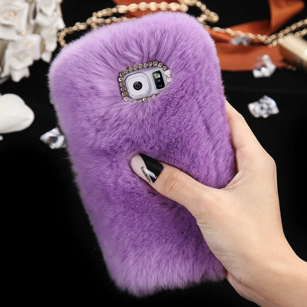 Real Rabbit Hair Phone Case for Samsung Galaxy S6 Edge Case Cover Rhinestone Bling Hard Case for Samsung S6 Edge - Shopy Max