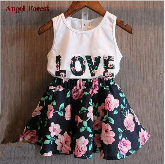 Children's clothing 2016 new summer girls letter love flower vest short skirt set kids clothes suit - Shopy Max