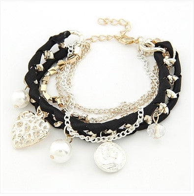 Lovely hollow out heart the coin pearl multielement weave multilayer bracelet women's bracelets & bangles