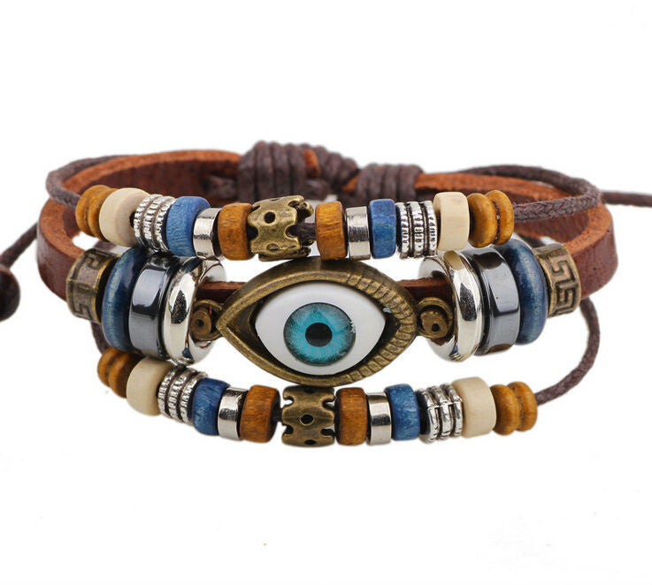 BA172 Wholesale Handmade Color Turkish Eye Leather Adjustable Bracelet Wristband Jewelry Bijouterie Unisex Girls Woman - Shopy Max