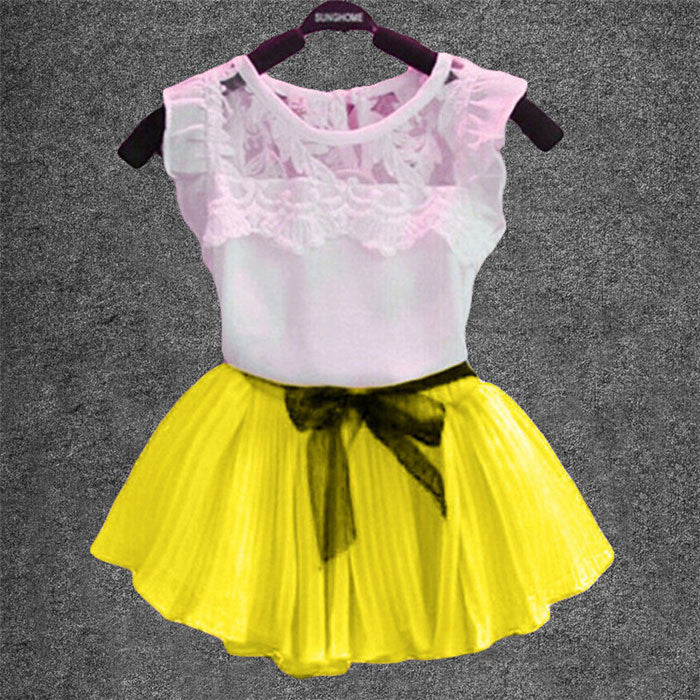 Children's suit, girls fashion bud silk joining together fly sleeve hollow gauze T-shirt+chiffon skirt suit, girls skirt suits