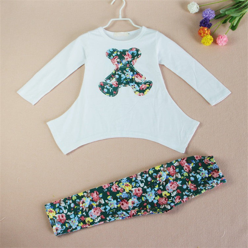 New 2016 Casual clothes Hot sales Autumn baby girl dress long sleeve T-shirt + Flower Legging Clothing Set children clothing - Shopy Max