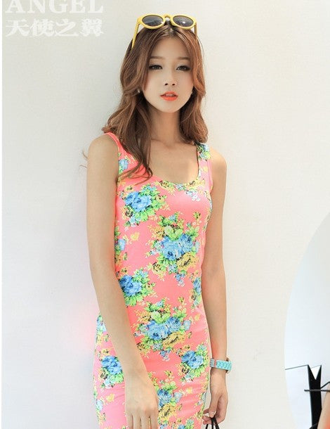Summer Spring brand new designer sexy 2016 Sleeveless O-neck Floral Above-knee Length Short Bodycon
