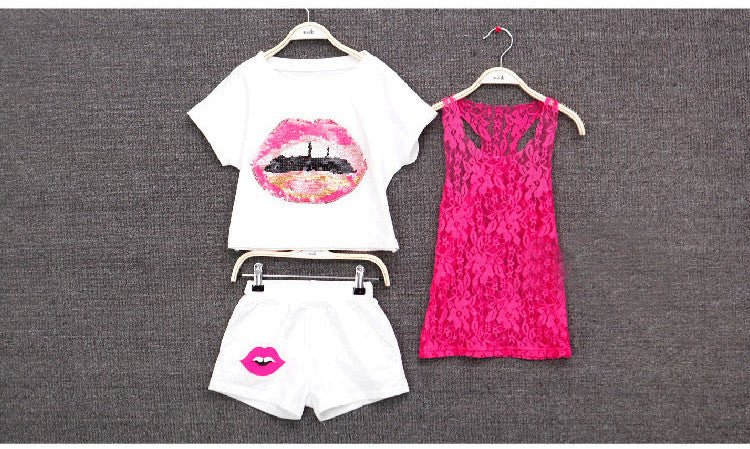 2016 summer fashion leisure sets girls Personalized lip print pattern short sleeve T-shirt