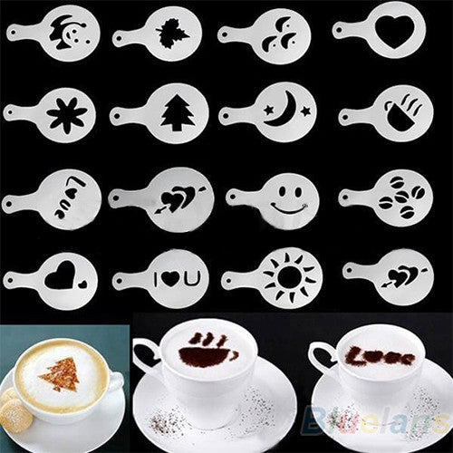 16Pcs/set Fashion Cappuccino Coffee Barista Stencils Template Strew Pad Duster - Shopy Max