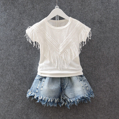 2016 Summer style toddler girl clothing set lacework fringed t-shirt + frayed tassel