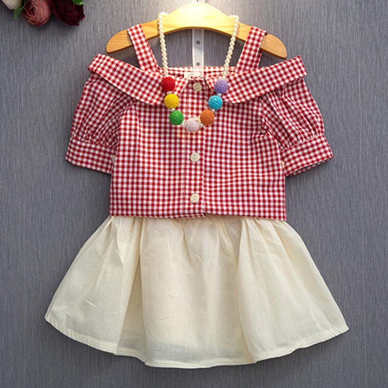 New 2016 Summer Children Kids Princess Strapless Short Sleeve Plaid Shirt+ Mini Skirt Girls Clothes Set Baby Girl Clothing Suits